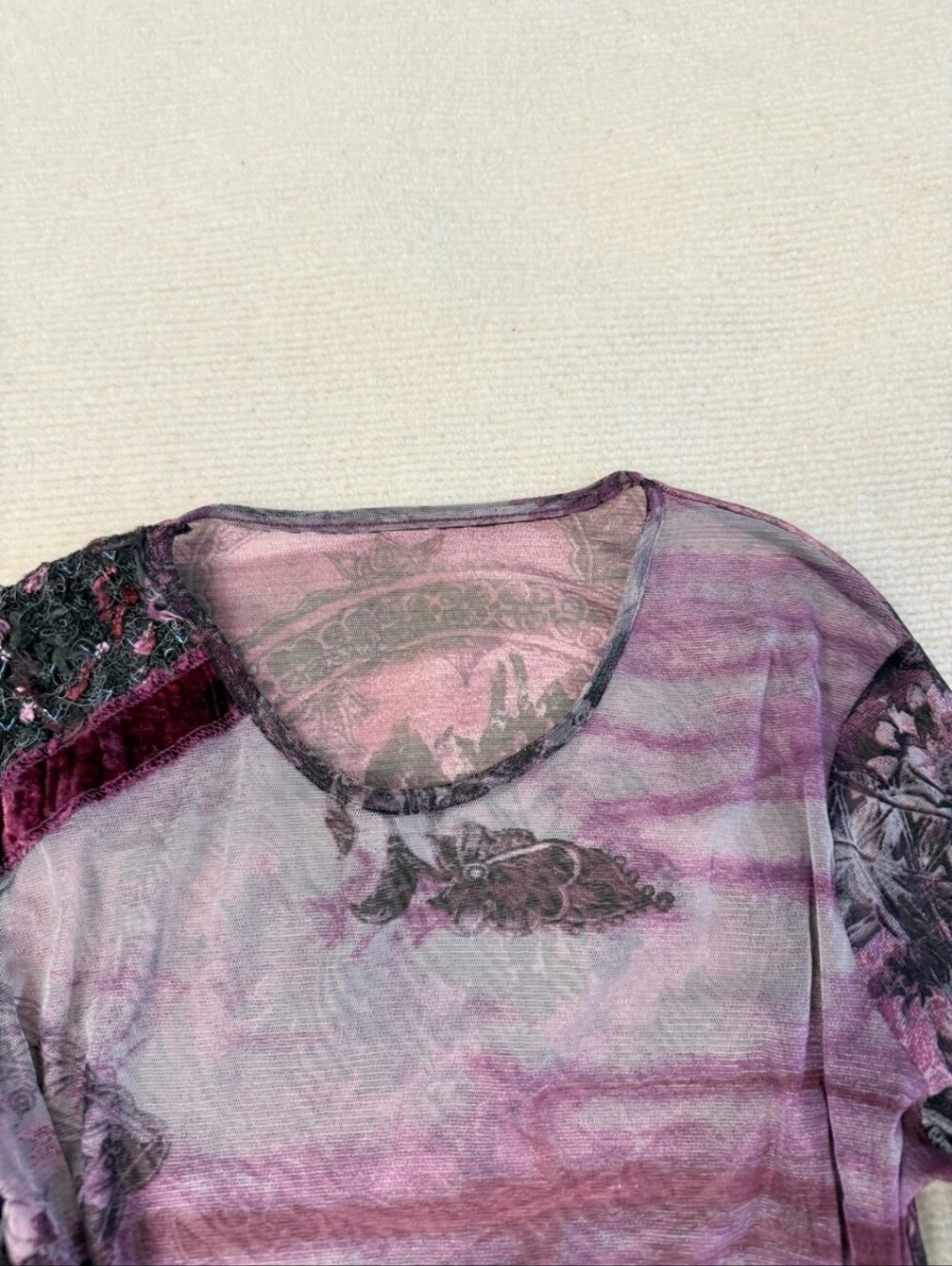 Y2K Gothic Purple Long Sleeve Sheer Floral Mesh  Patchwork Top Size M/ US 8-10 - Picture 6 of 17